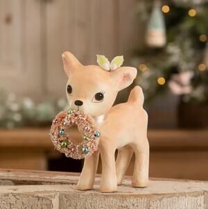 Bethany Lowe Pink Reindeer Deer With Wreath Christmas Figure NEW